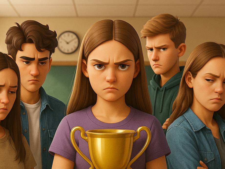 KI generiertes Bild: fünf Jugendliche stehen zusammen, ein Mädchen vorne mit einem Pokal in der Hand. Alle schauen böse und kritisch und böse. Die im Hintergrund schauen neidisch auf die im Vordergrund