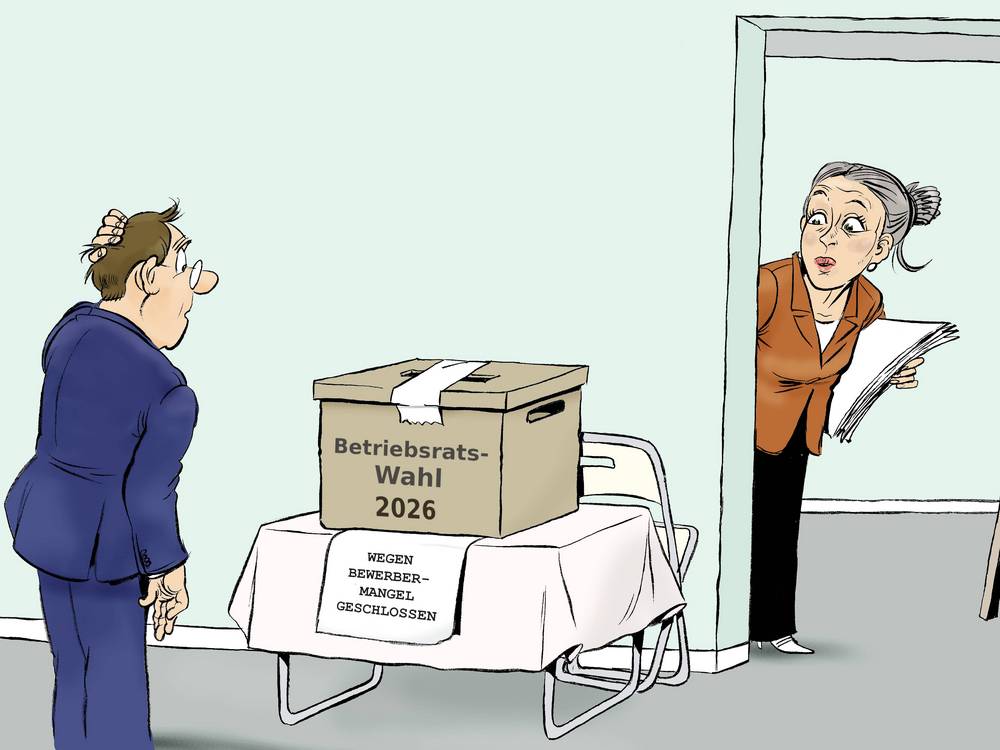 Ein Tisch mit einer Wahlurne steht im Büroflur und ist mit „Betriebsratswahl 2026“ beschriftet. Aber die Urne ist zugeklebt. Auch gibt es keine Stimmzettel, nur einen Schild „wegen Bewerbermangel geschlossen“. Im Hintergrund rechts schaut eine Kollegin aus dem Flur hinein und vor dem Wahltisch links steht ein Kollege völlig verdutzt auf die gesperrte Urne.