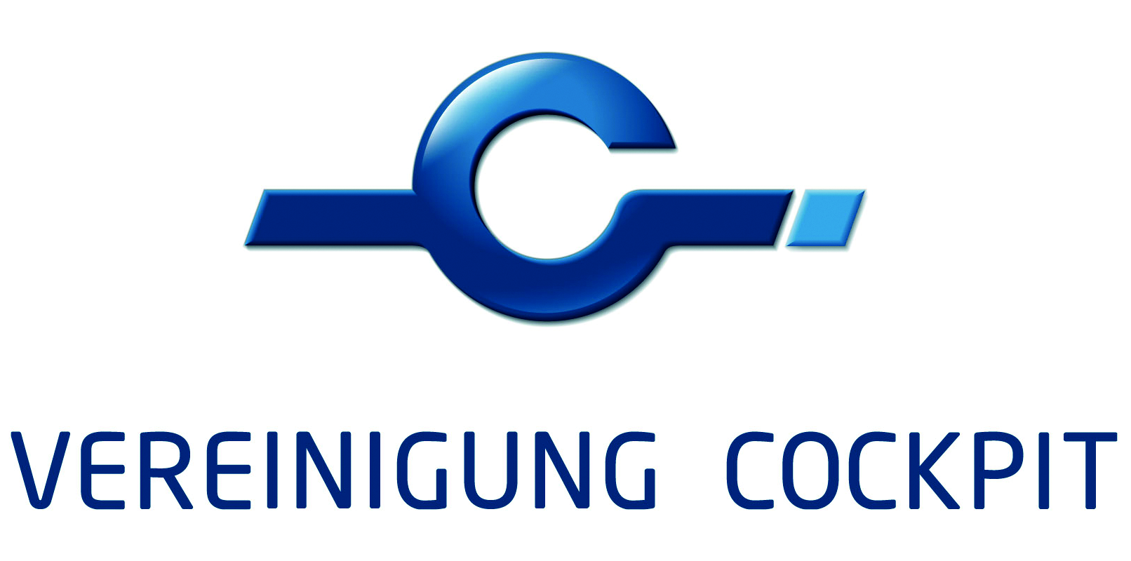 Logo Vereinigung Cockpit: Schriftzug in blau: Vereinigung Cockpit. Darüber ein blauer geöffneter Kreis (ein C)mit zwei breiten Strichen zur Seite. Auf der rechten Seite ein kleines extra Rechteck in hellblau.