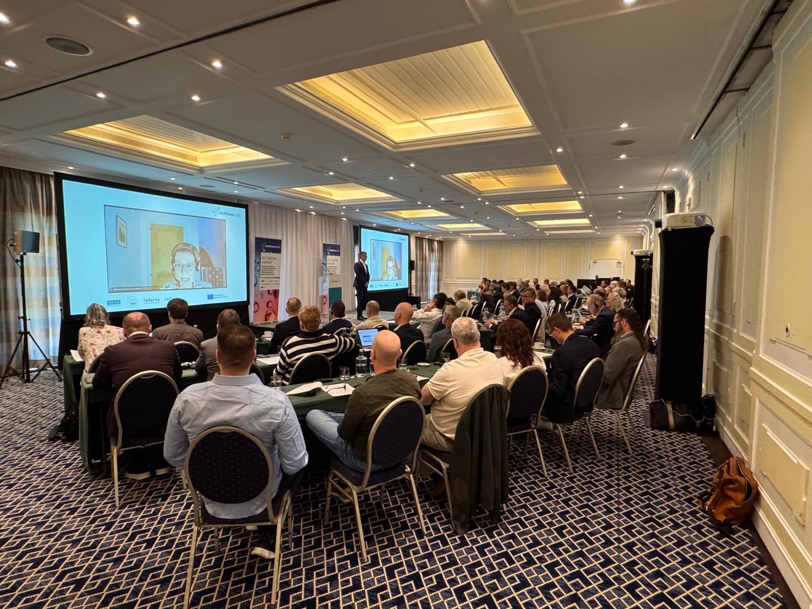 Plenum von hinten vor Redner auf der Bühne. Auf der Leinwand Jitka Hrudova von der Europäischen Kommission, die online zugeschaltet war.