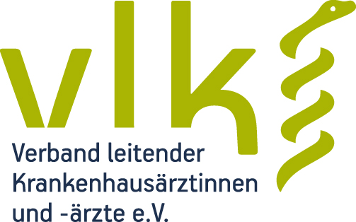 Logo VLK: vlk mit Äskulapnatter daneben in hellgrün. Darunter in schwarz der Schriftzug: Verband leitender Krankenhausärztinnen und -ärzte e. V.